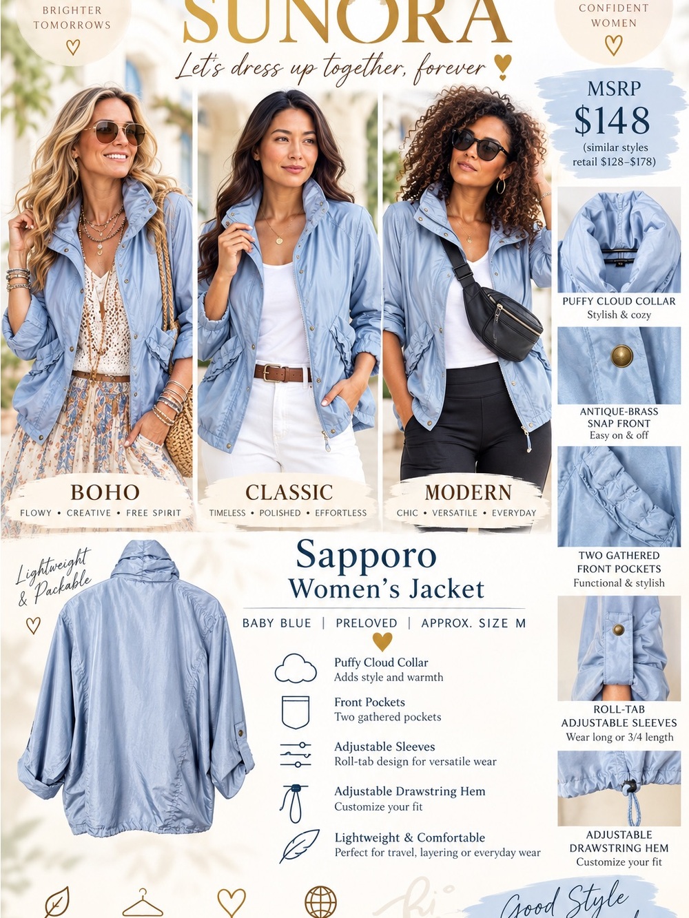 SUNO Sapporo Women's Bomber Jacket in Baby Blue